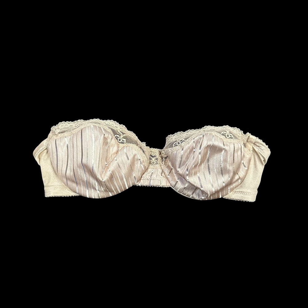 Bestform Vintage Strapless Bra 34B Champagne Beige Satin Pinstripe Lace 6521